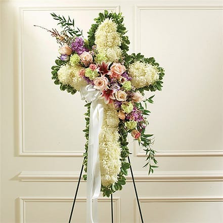 Solid Sn Solid White Standing Cross With Pastel Flower Break – City Flower Shop