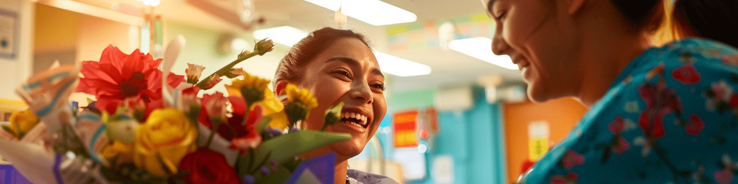 happy patient receiving flowers in a hospital