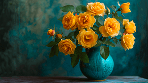 A cheerful arrangement of yellow roses in a vibrant vase