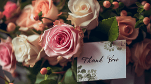 A bouquet featuring a mix of pink and white roses with a "Thank You" card.
