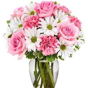 Vase arrangement of white daisies, pink roses and pink carnations