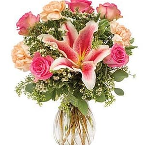 bouquet of roses, stargazer lilies, waxflower and carnations - Local*Florist