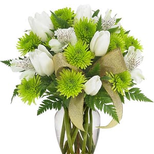 Bouquet of green mums, white tulips, and white Peruvian lilies