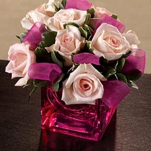 pink roses in a red cube vase
