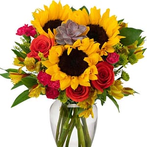 Bouquet of sunflowers, red roses, mums and lilies